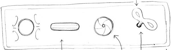 Hand-drawn sketch of a device with a button, a slot, an aperture and a key