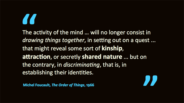 Prior to the 17th century, the primary order of knowledge was resemblance – quotation of Michel Foucault