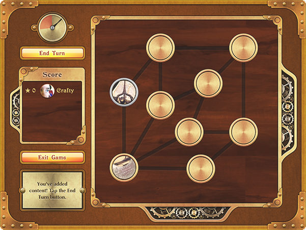 Screenshot of a game showing timer, leaderboard and gameboard of connected nodes, two of which have images in them.