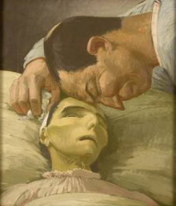 Oil painting showing the head and shoulders of an emaciated woman. and a man leaning over with his forehead on hers