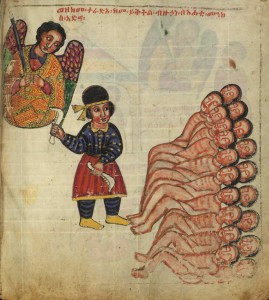 Manuscript depicting a mass slaughter while an angel looks on
