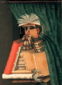 Painting of a librarian where each feature is composed of books and other material related to the librarian’s profession.