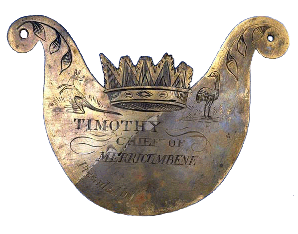Metal breastplate inscribed with the words "Timothy, Chief of Merricumbene"
