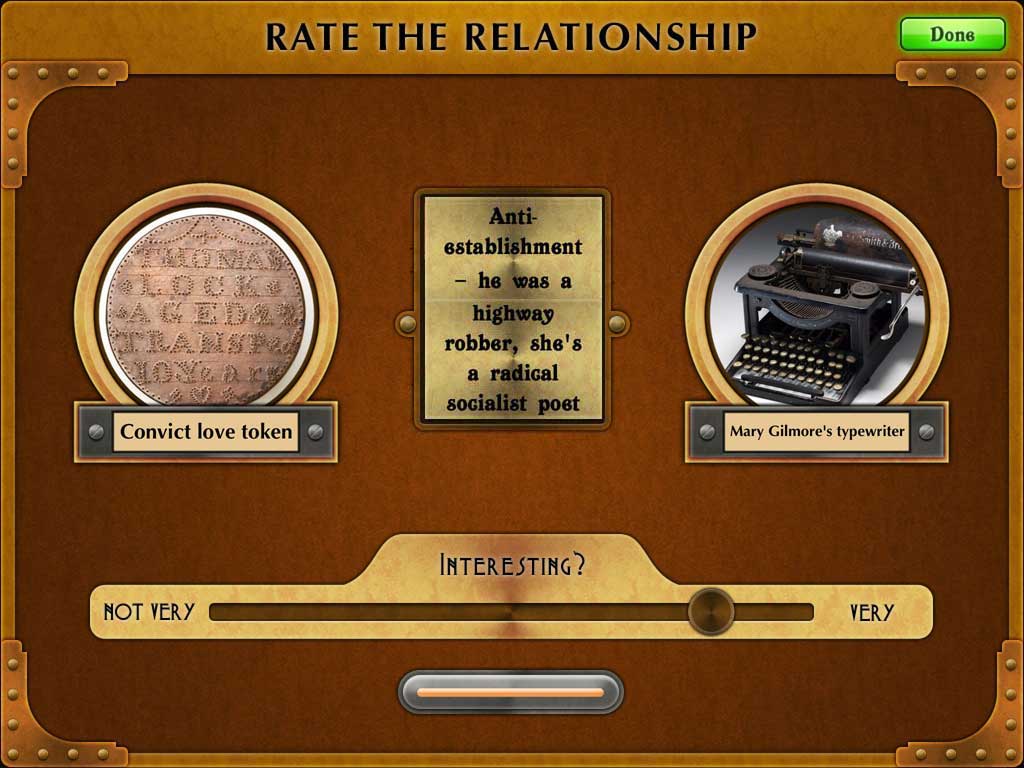 Screenshot of The Museum Game sliding scale of interestingness. A convict love token is connected to Mary Gilmore's typewriter with the resemblance 'anti-establishment: he's a highway robber; she's a radical socialist poet
