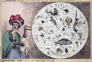 A woman stands aghast holding a seeing instrument that displays a circle full of small monsters.